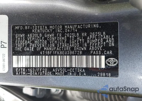 2014 Toyota Camry Se из США, поврежденный, VIN 4T1BF1FK8EU396728